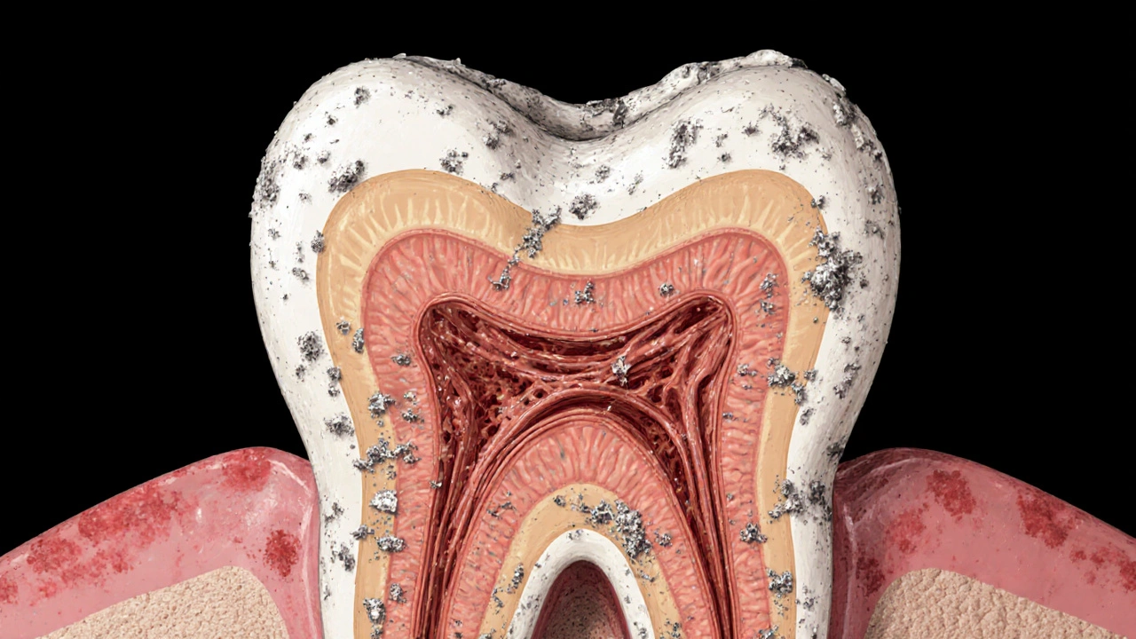 Křížový řez zubu s odhaleným dentinem a zánětem dásní, mikroskopické kanálky jsou viditelné.
