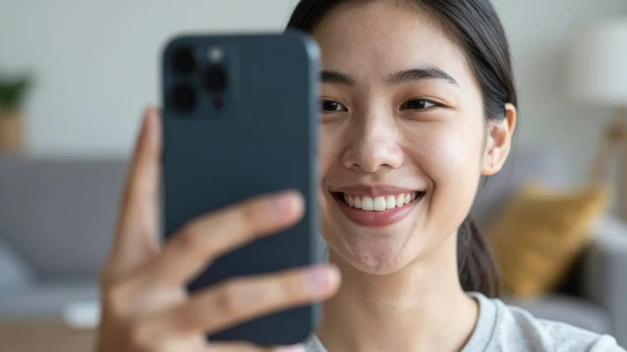 Muž se usmívá do kamery při selfie, ústa otevřená, mezera mezi zuby neukrytá.
