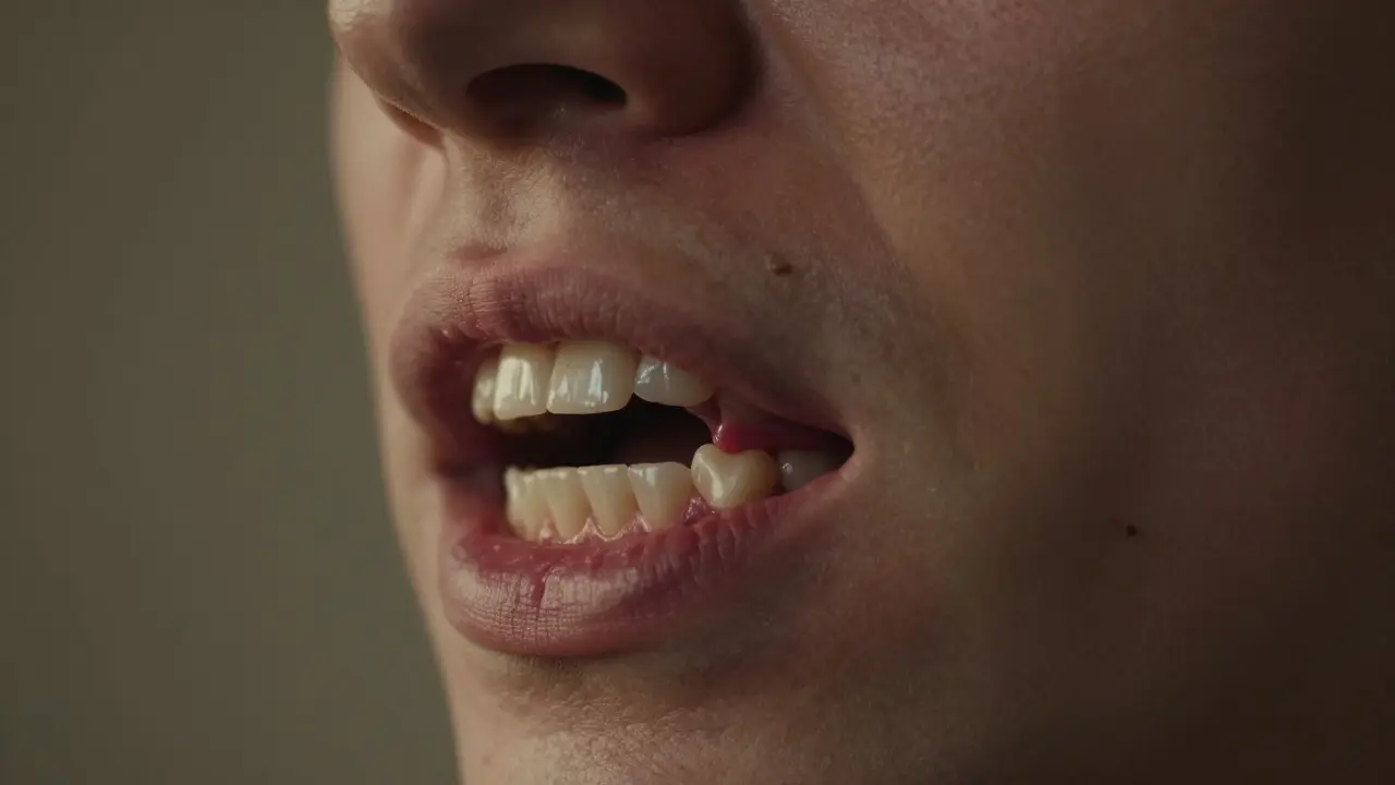 Profily úst s částečně vyrůstajícím zubem moudrosti pod zánětlivou dásní a viditelnou mezerou mezi předními zuby.