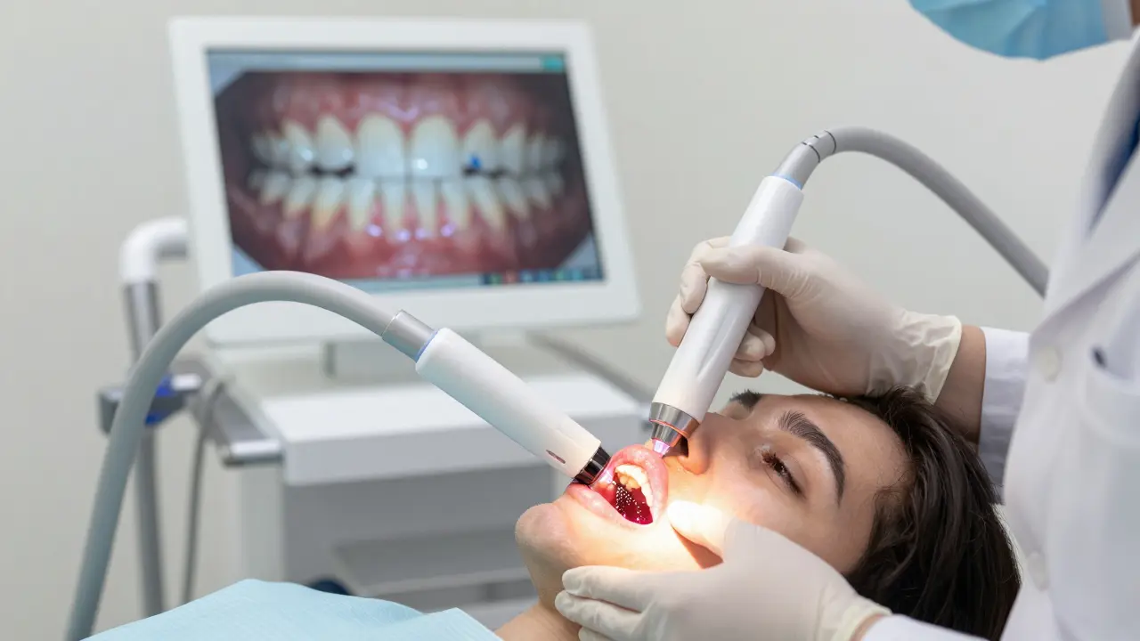 Zubař používá laser na dásně pacienta v klinice v Česku.