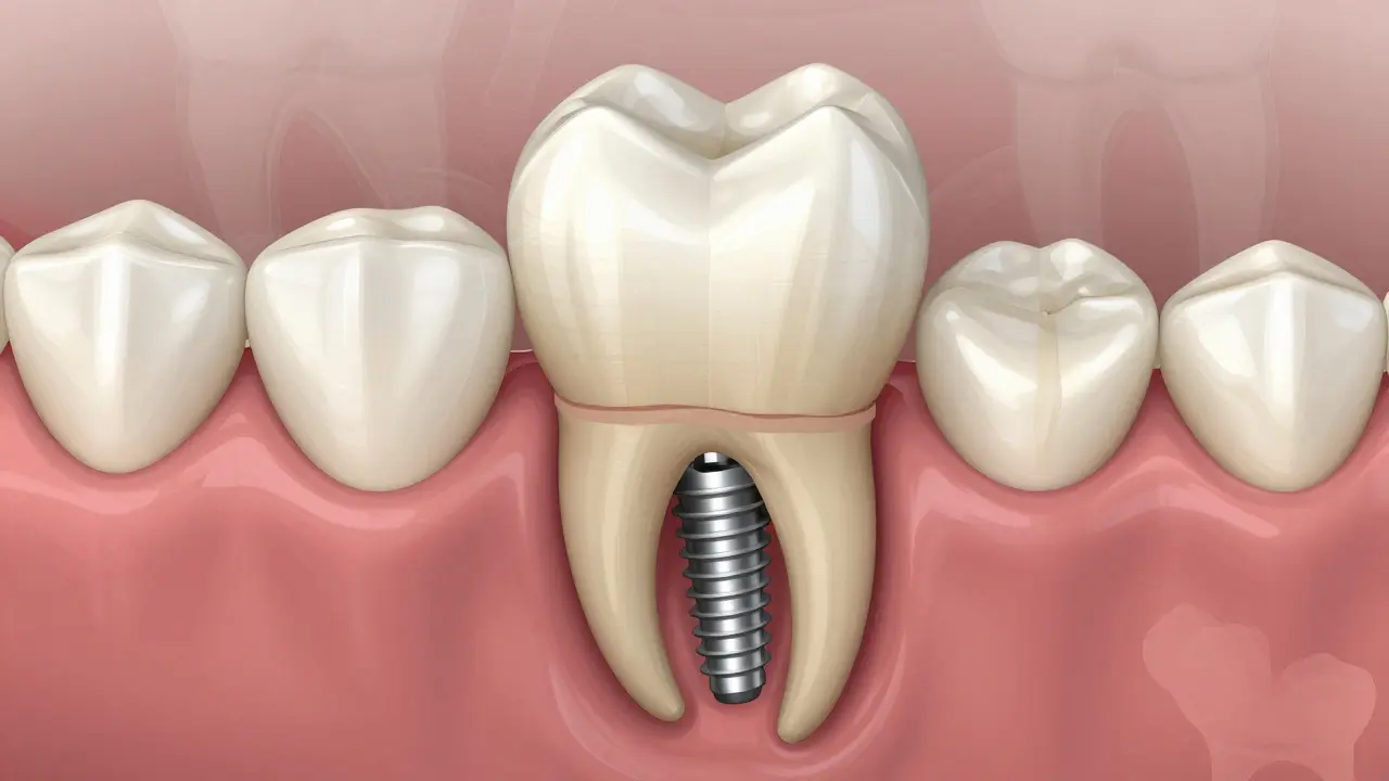 Zubní implantát nahrazující ztracený kořen v čelisti s okolní tkání.