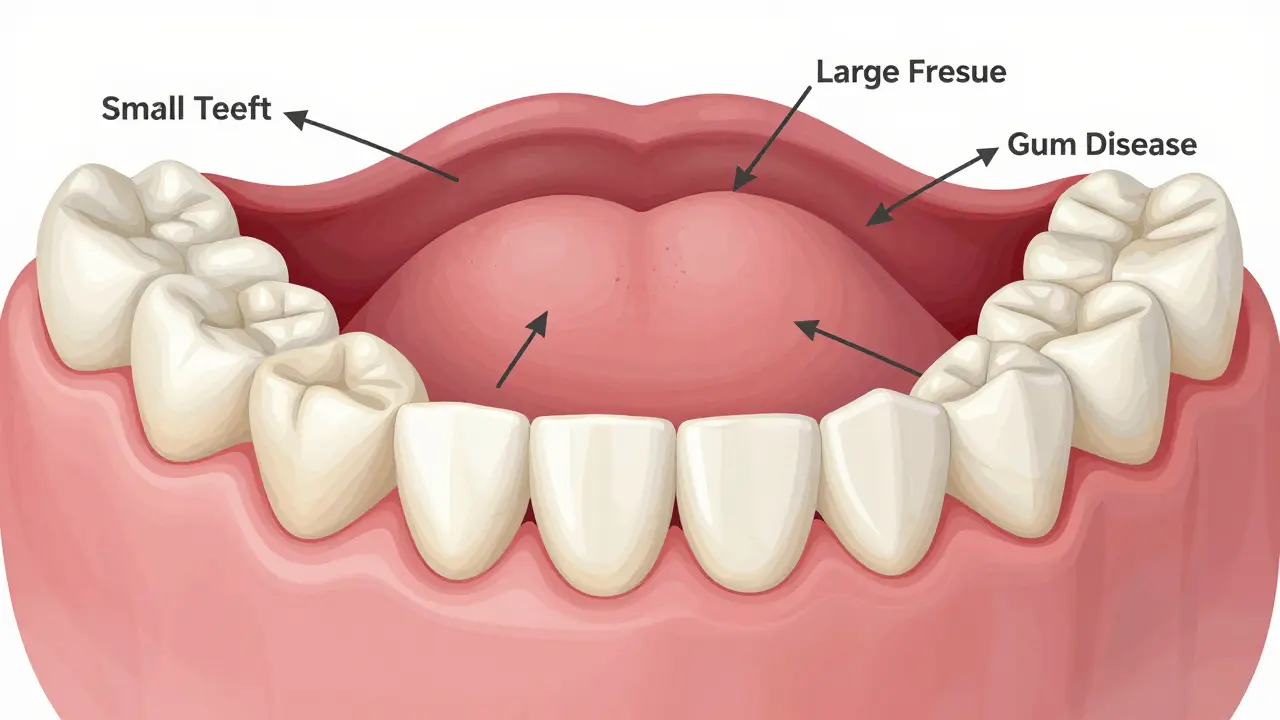 Anatomical illustration showing four causes of tooth gap: small teeth, large jaw, tongue pressure, gum disease
