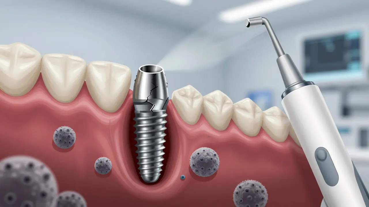 Mikroskopické poškození zubního implantátu způsobené ultrazvukem, s bakteriemi a zánětem kolem.