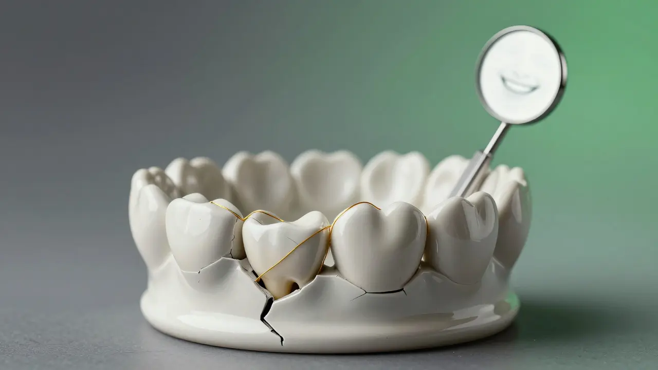 Symbolic image of a tooth gap closing with golden threads, representing orthodontic treatment and healing