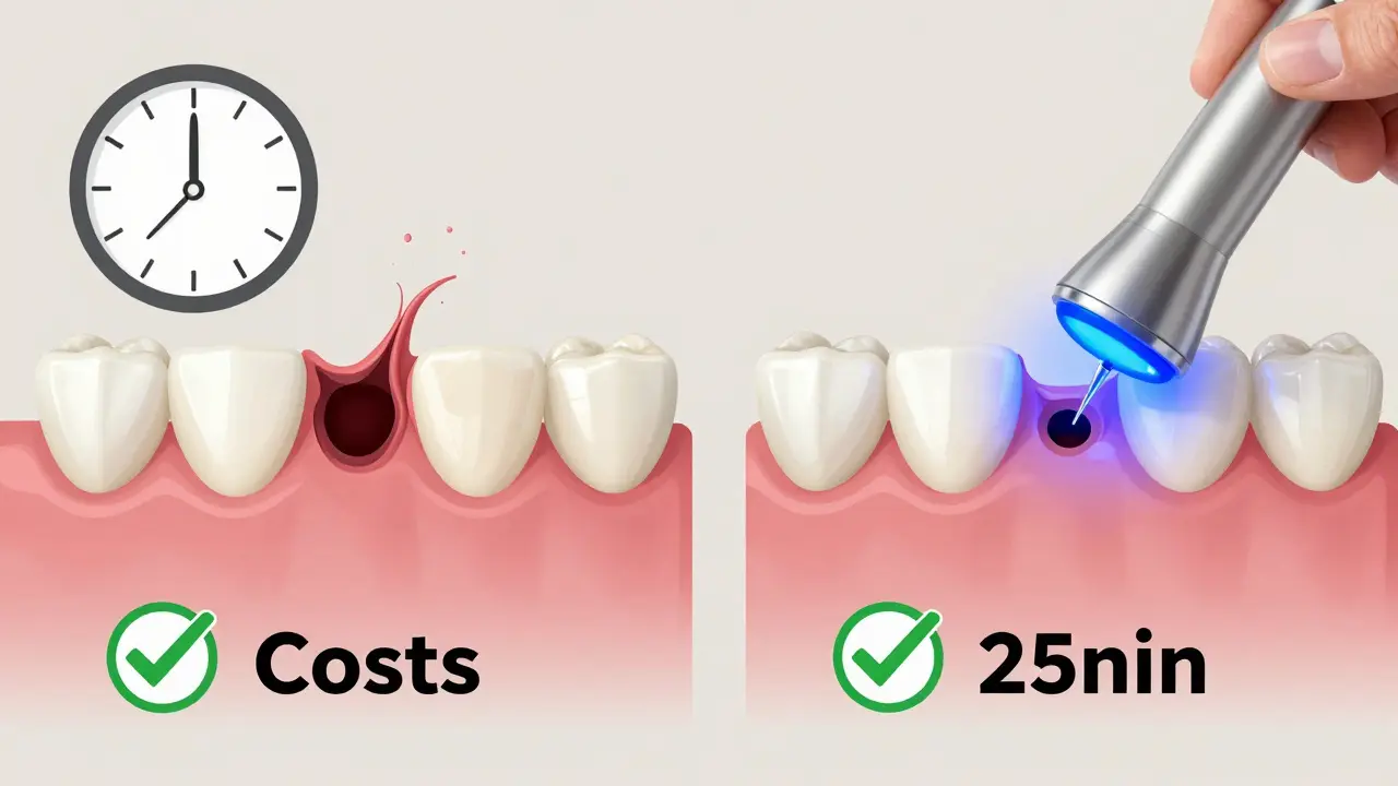 Contrast between early cavity treatment (quick, low cost) and advanced decay (long, expensive).