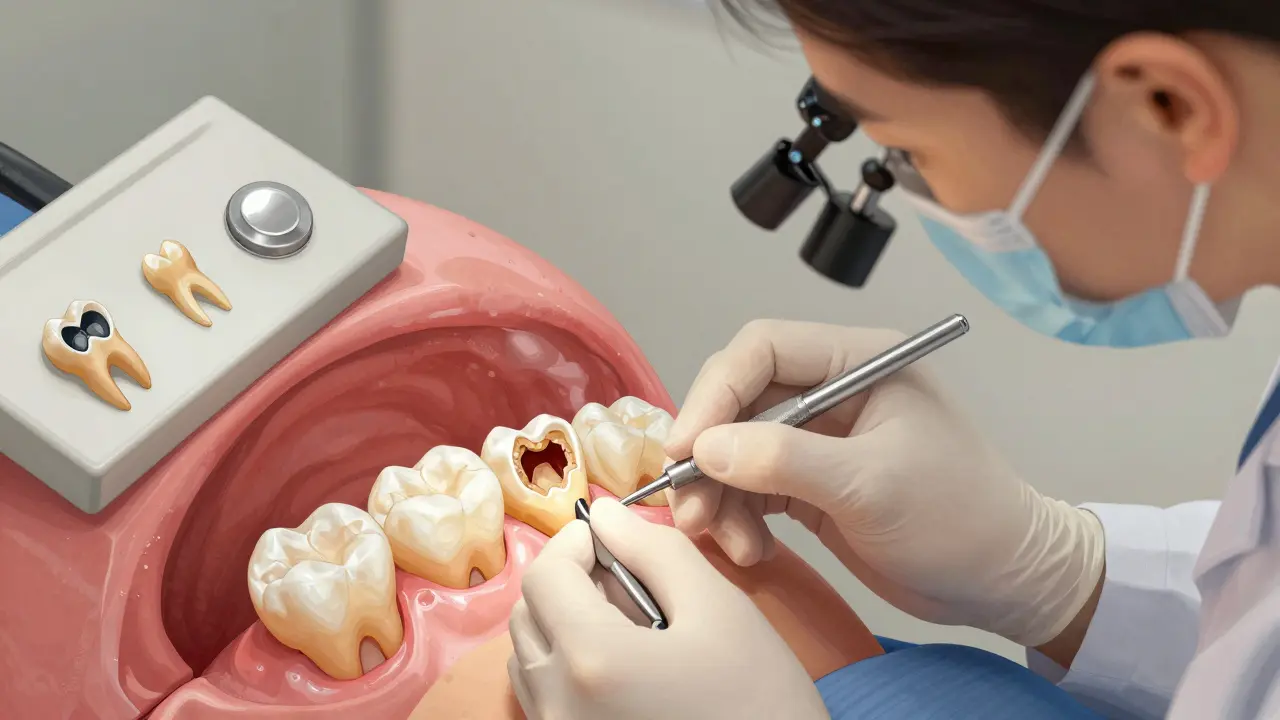 Dentist treating a multi-surface cavity with fine instruments, ceramic inlay visible on workbench.