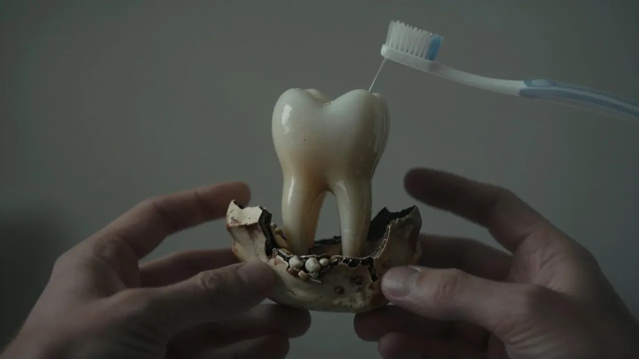 Zub klesající do rozpadající se čelisti, symbolizující ztrátu zubu kvůli nelečenému zánětu.