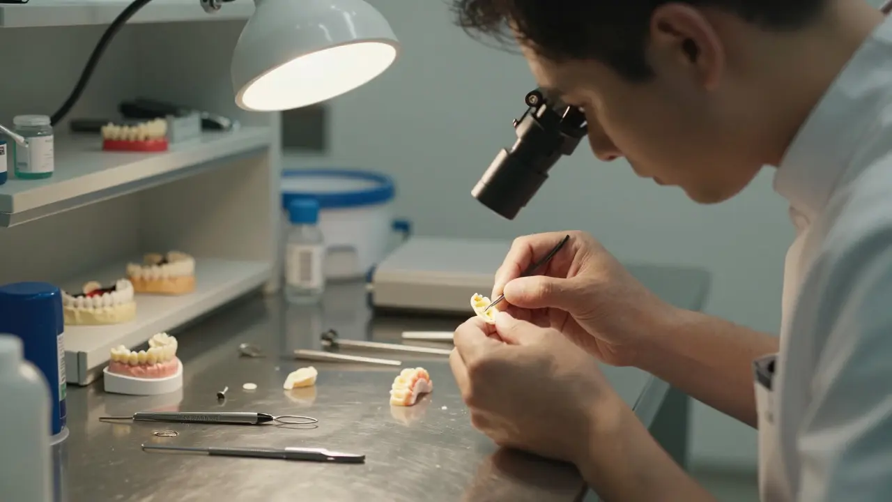 Zubní technik v laboratoři vyrábí korunku pod mikroskopem s nástroji kolem sebe.