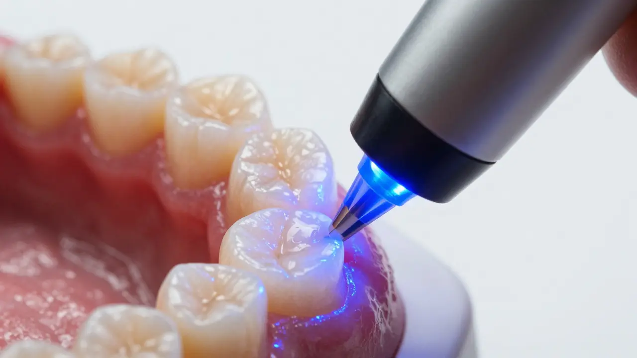 Připevňování zubní protézy pod UV lampou v ordinaci.
