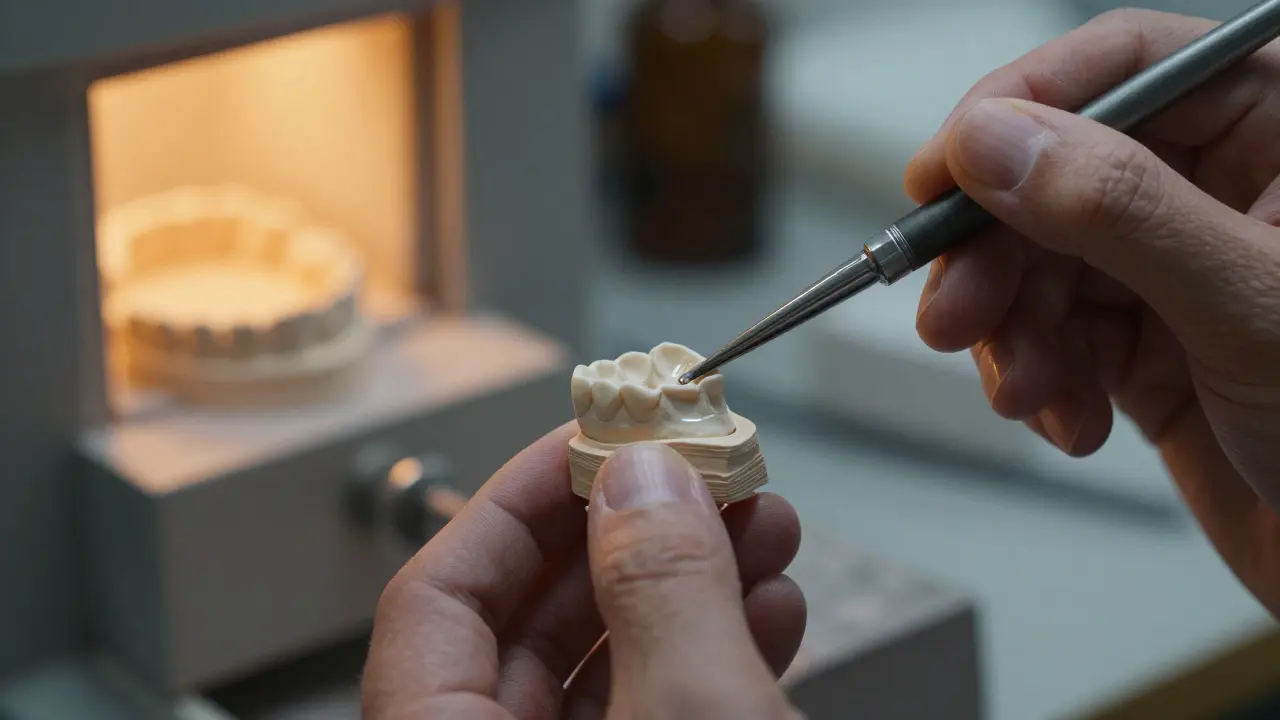 Zubní technik ručně upravuje keramický model v laboratoři.