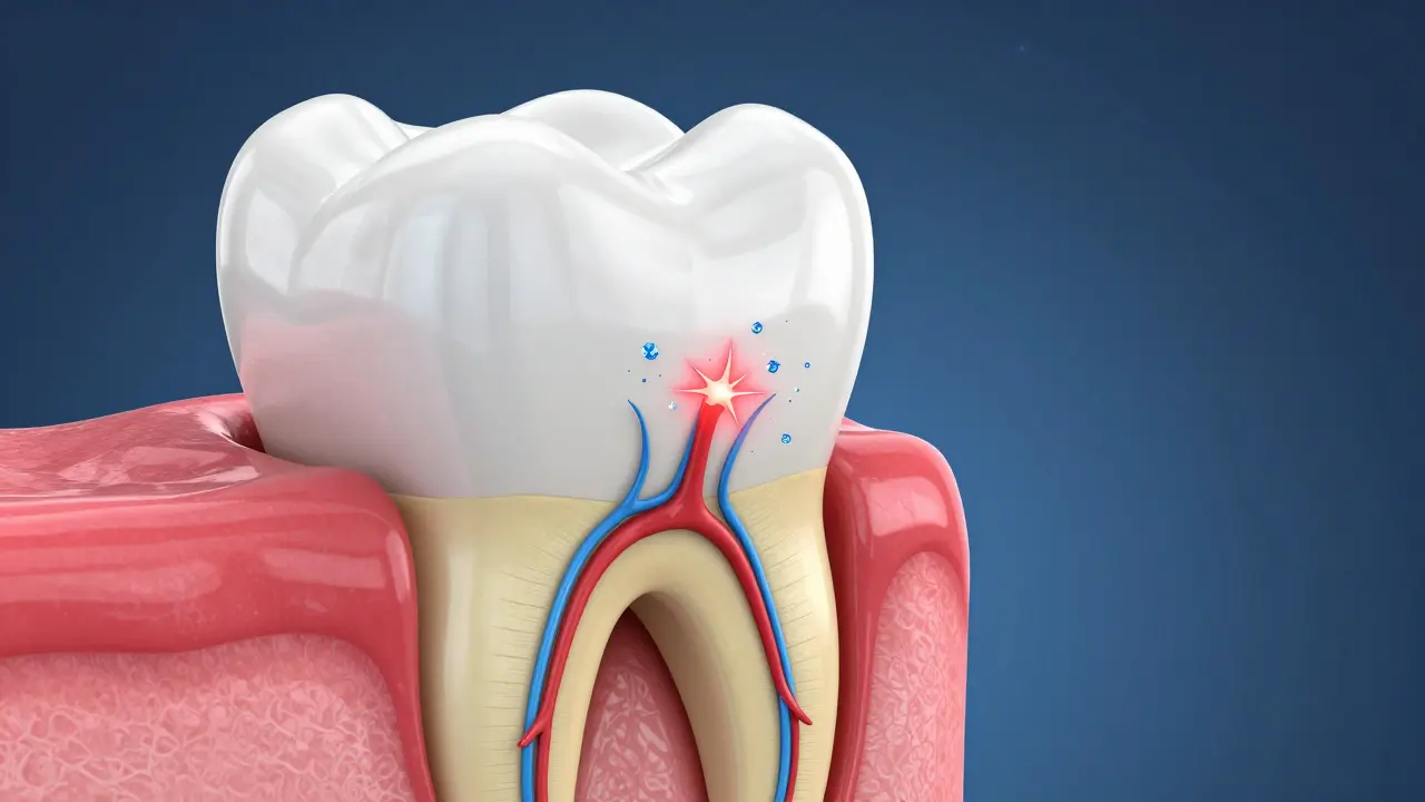 3D ilustrace vnitřní struktury zubu s kanálíčky dentinu a citlivým nervem.