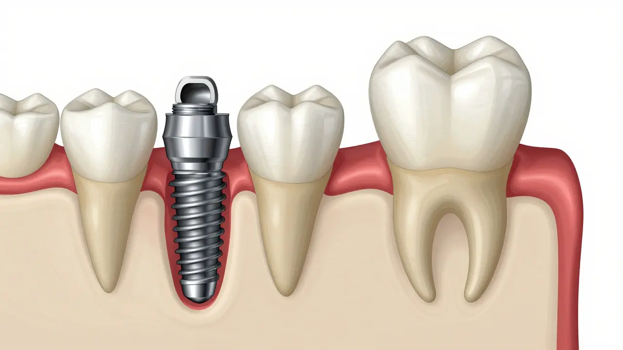 3D schéma čelisti znázorňující zánět kolem implantátu a ztrátu kostní hmoty.