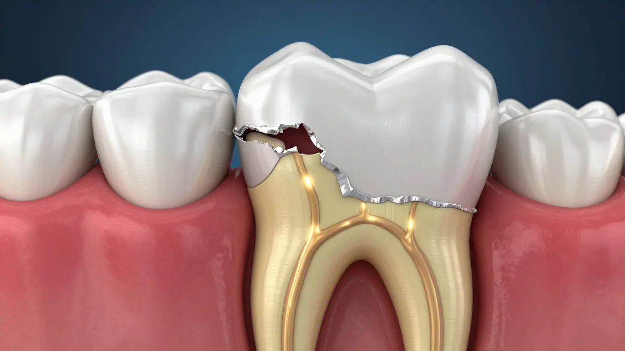 Anatomický průřez zubu znázorňující odhalený dentin a nervy