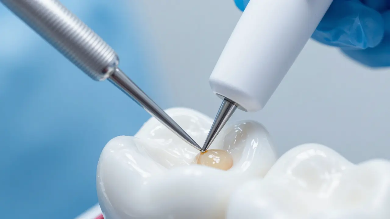 Detail profesionálního nástroje zubního hygienika při čištění zubů.