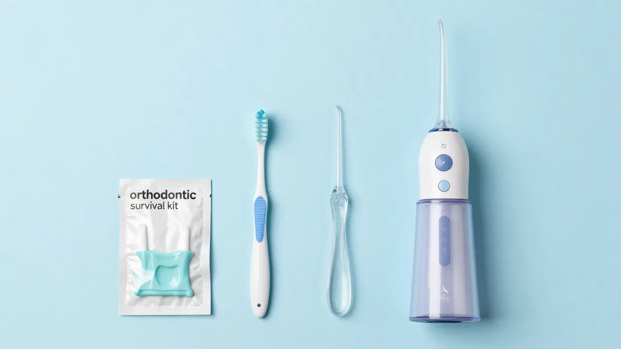 Sada pro hygienu rovnátek včetně mezizubního kartáčku a vosku.