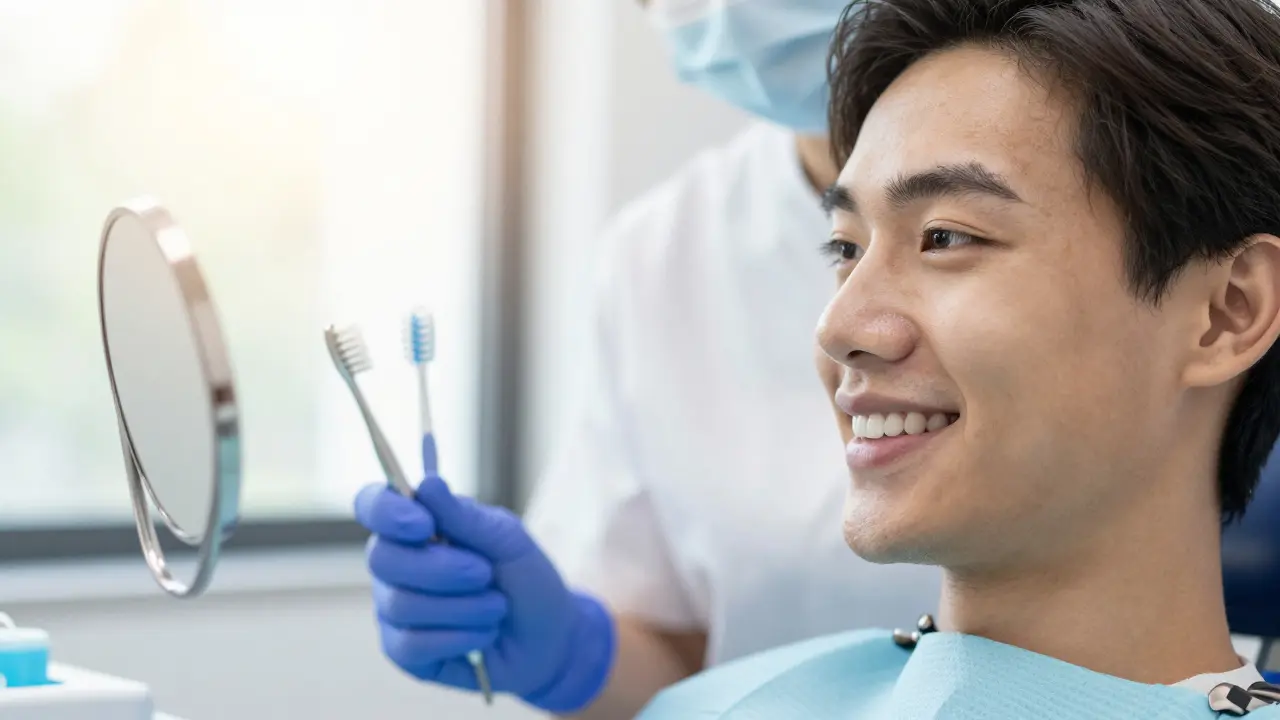 Usmívající se pacient v zubní ordinaci s dopilovanou dentální hygienou v pozadí.