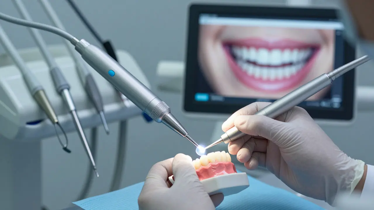 Dentista aplikuje keramickou fazetu na zubní model v laboratoři