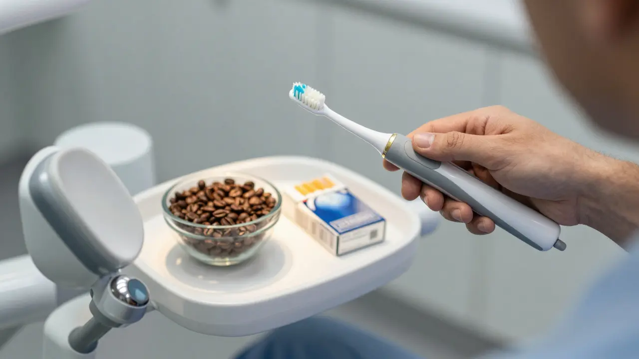 Elektrická kartáčka vedle kávy a cigaret symbolizující domácí péči