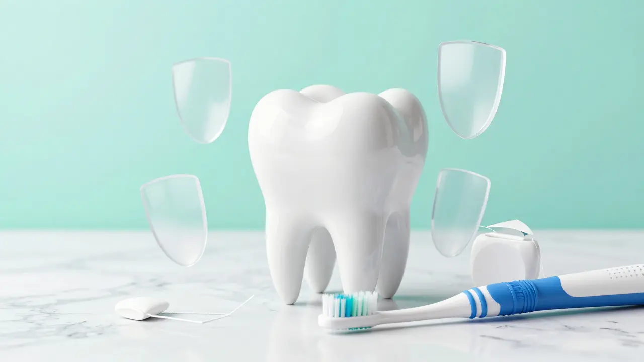 Zdravý lesklý zub a hygienické pomůcky na prevenci