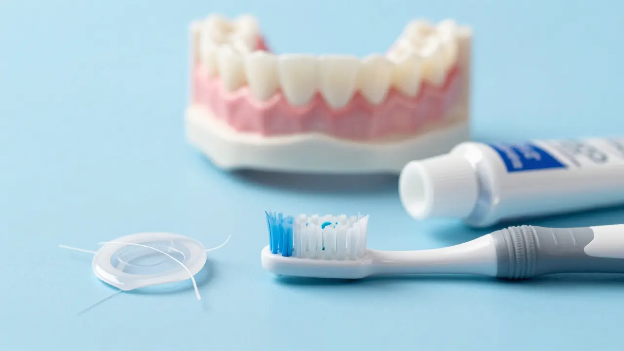 Zubní niť a kartáček vedle zdravých zubů pro prevenci kazu.