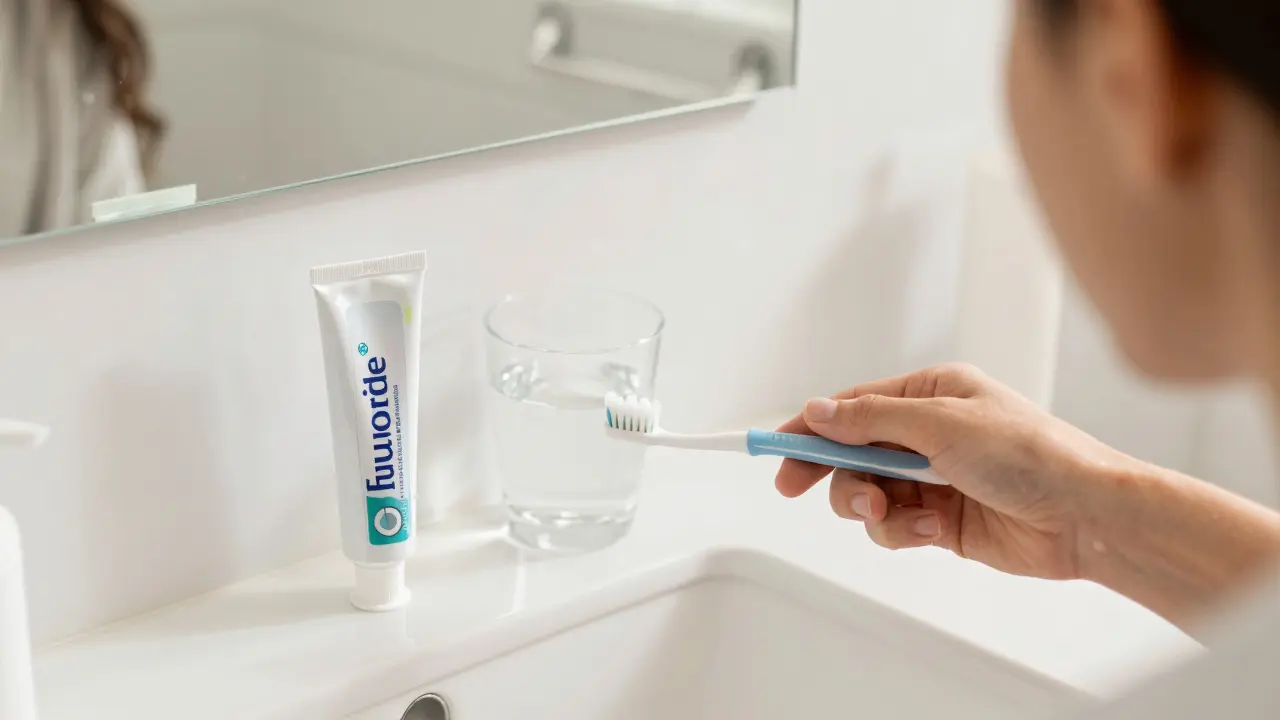 Hygienické potřeby pro prevenci zubního kazu na umyvadle
