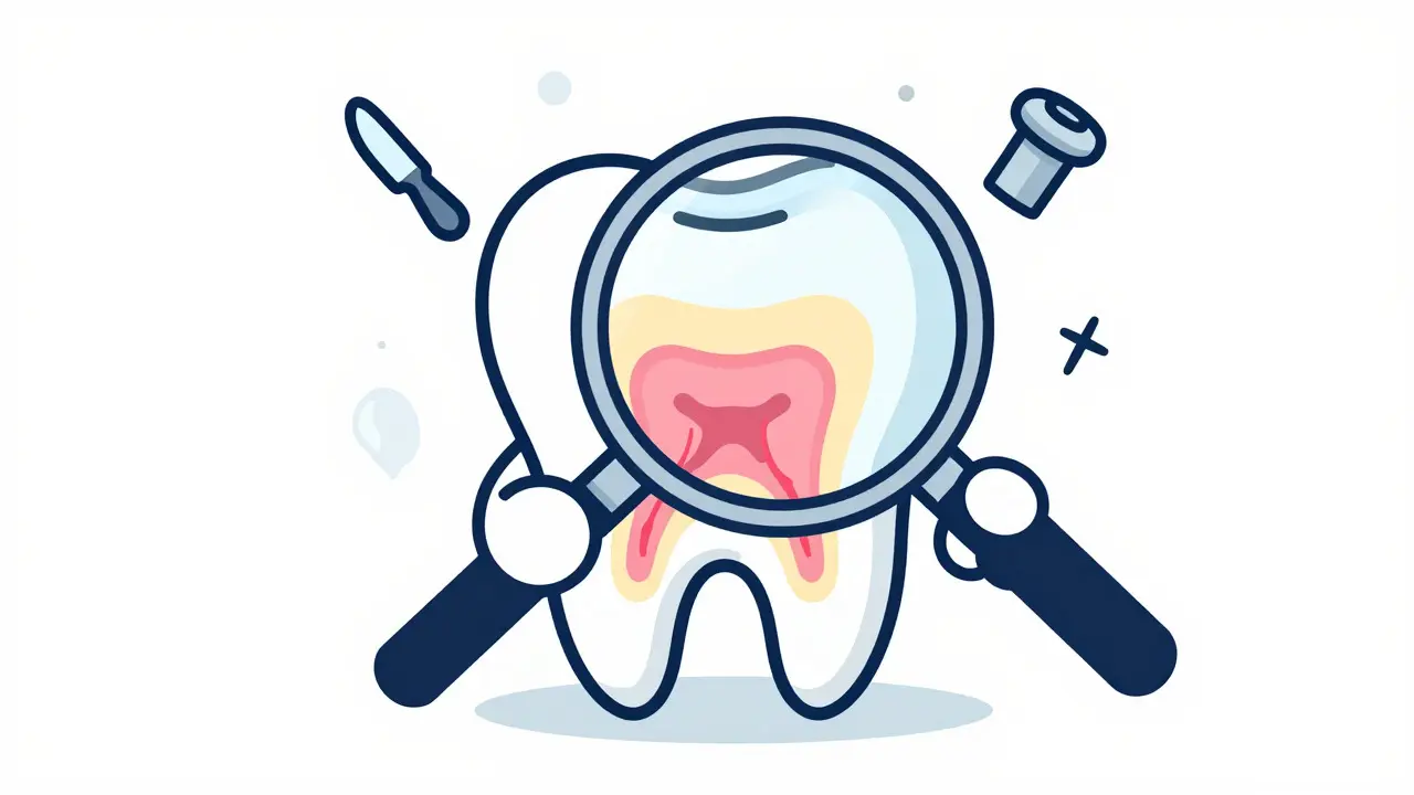 Kresba zubu v průřezu ukazující vrstvy: ement, dentin a pulpu s nervy.