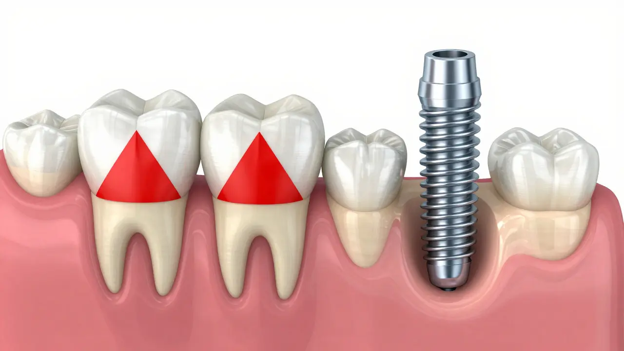 Porovnání zubního implantátu a mostu zachovávajícího sousední zuby