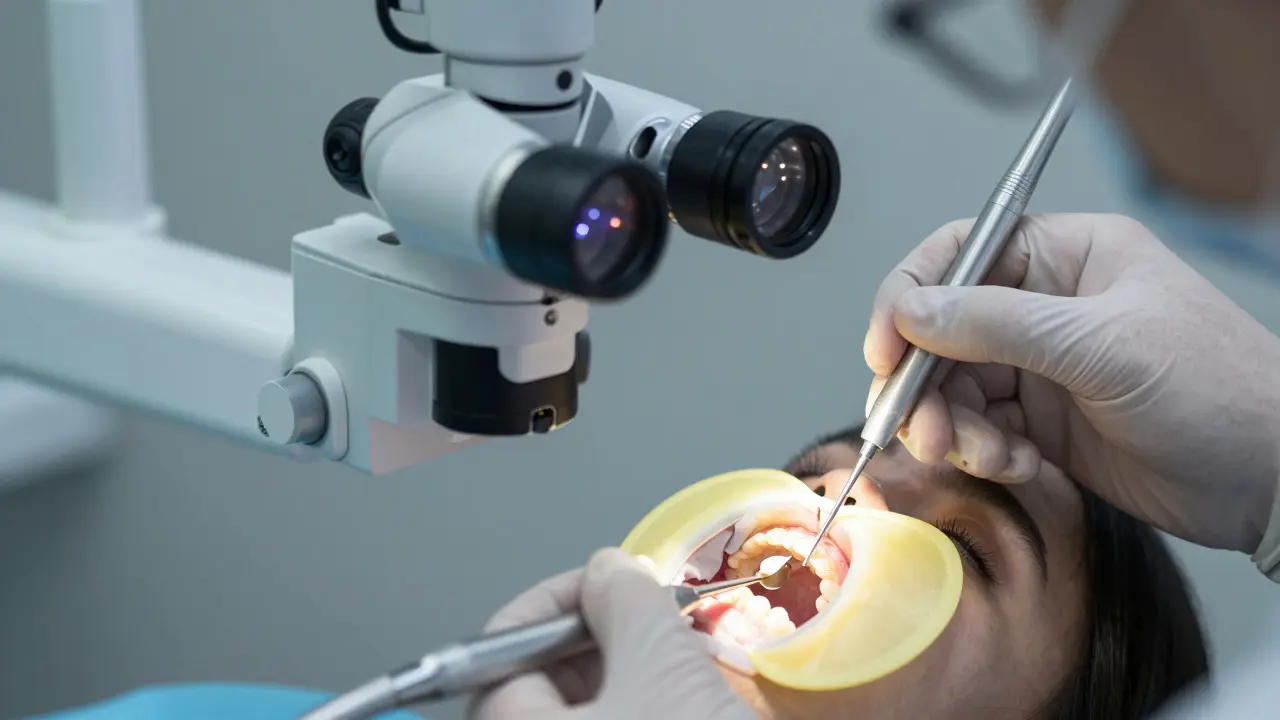 Stomatolog používá mikroskop a nástroje při endodontické léčbě s gumovým uzávěrem.