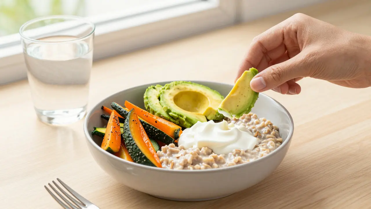 Bowl of soft foods like yogurt and mashed avocado