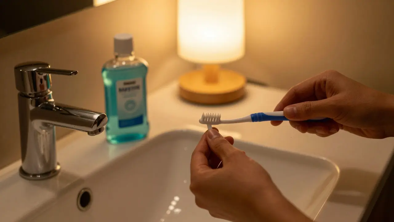 Hands holding an interdental brush next to a mouthwash bottle at night