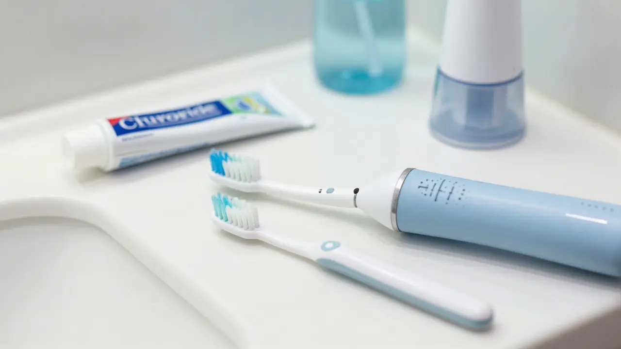 Hygienické pomůcky jako elektrický kartáček a irigator na koupelnovém pultu