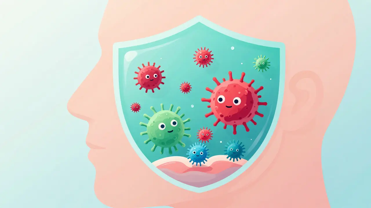 Illustration showing beneficial bacteria protected from harmful ones in the mouth