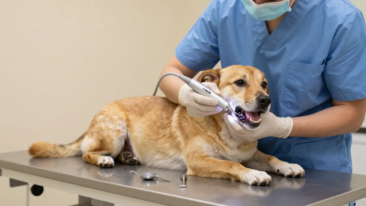Pes podstupuje profesionální čištění zubů u veterináře