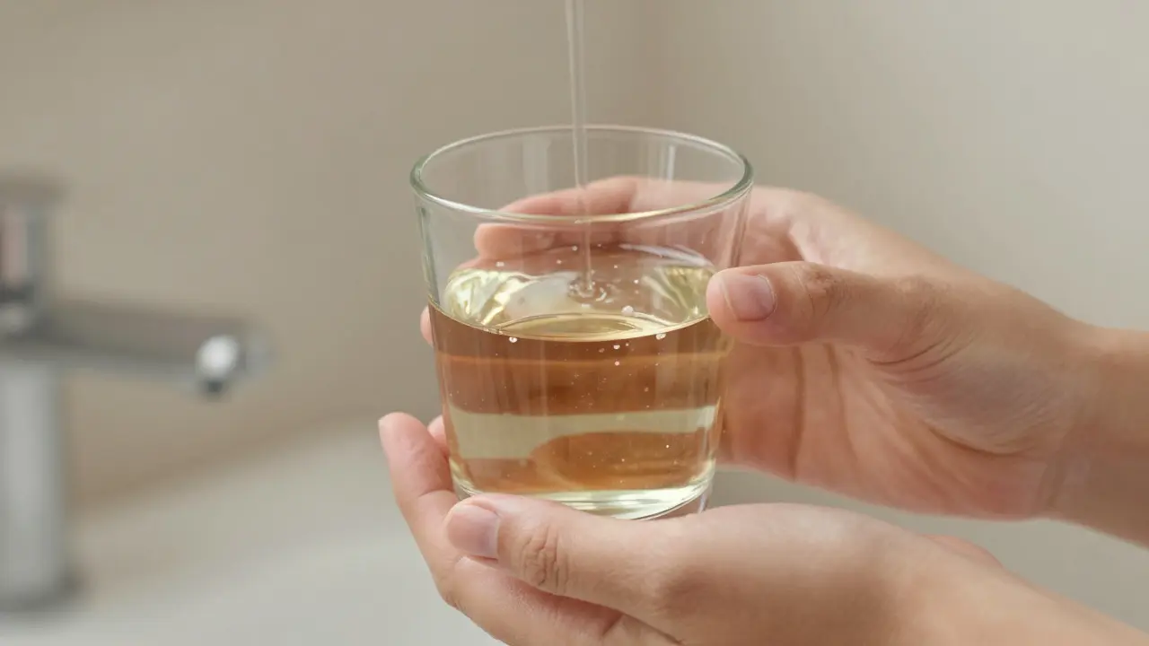 Sklenice teplého solného roztoku pro jemné kloktání
