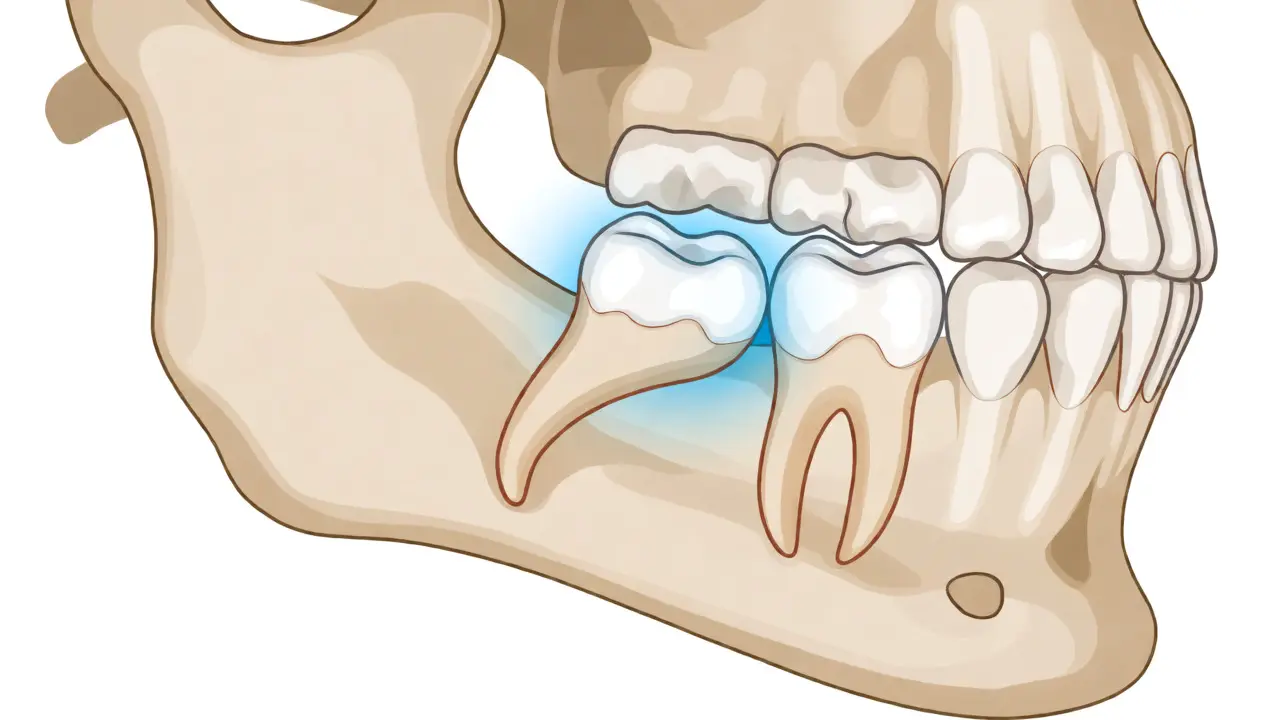 Anatomický řez čelistí ukazující šikmo postavený retenční zub moudrosti