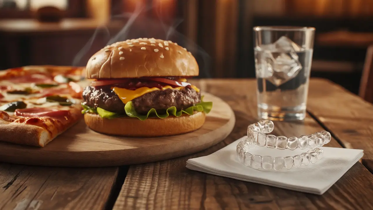Burger a pizza na stole vedle odložených průhledných dentálních dlah a sklenice vody.