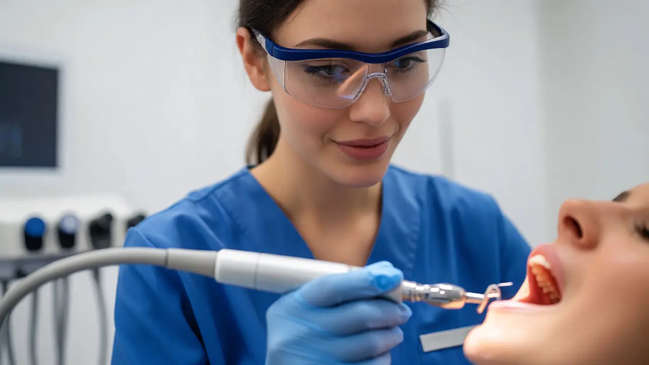 Dentální hygienistka provádí ultrazvukové odstranění kamene