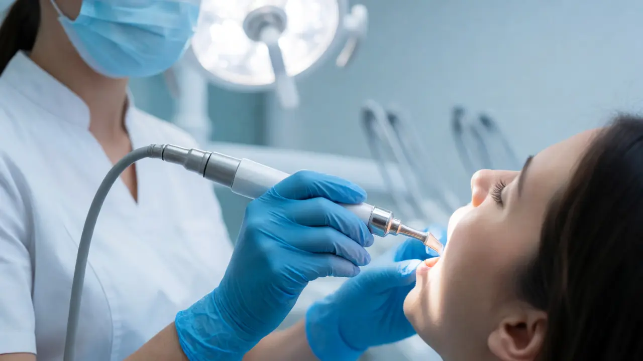 Dentální hygienistka provádí ultrazvukové odstranění zubního kamene