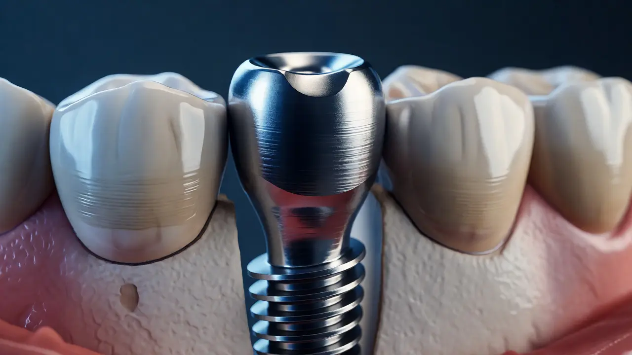 Detail titanového zubního implantátu zaváděného do kosti