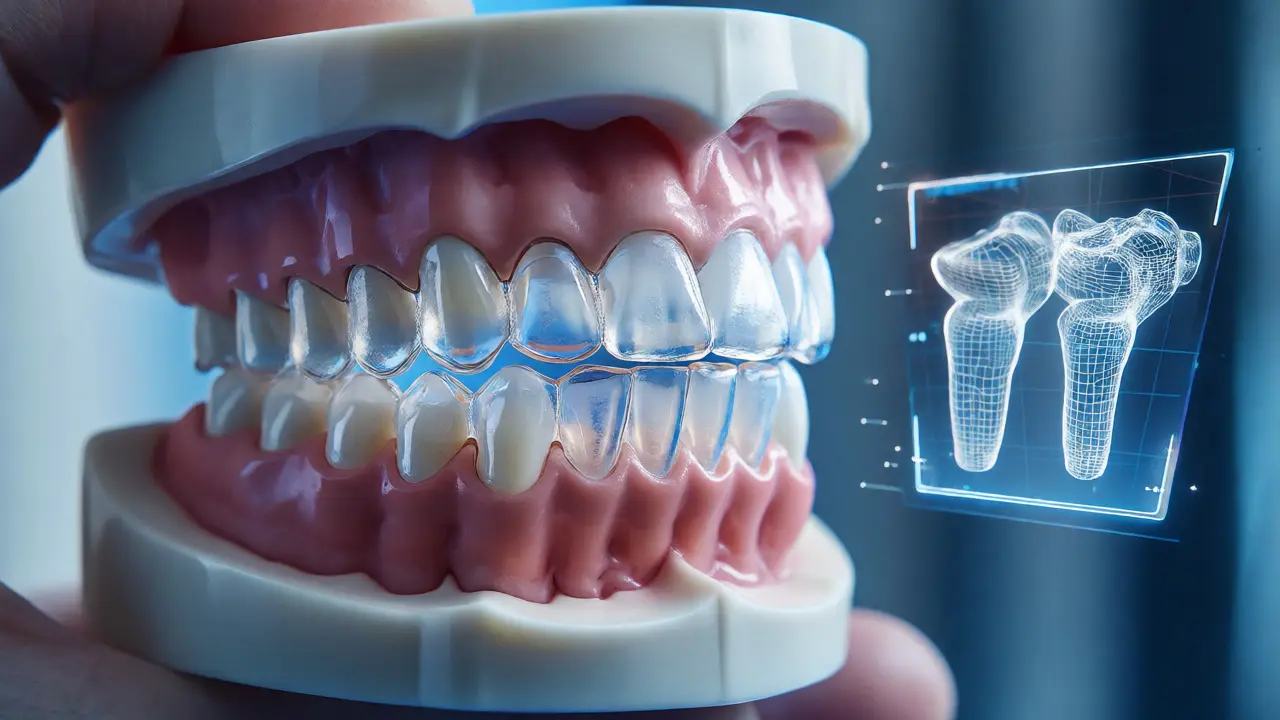Detailní pohled na průhledná ortodontická dlahy na modelu zubů