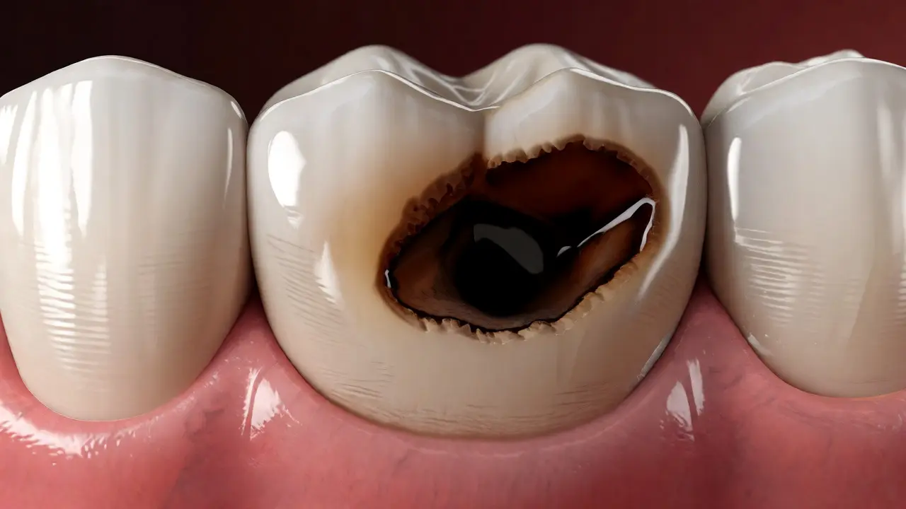Detailní pohled na tmavou dutinu v předním zubu pronikající do dentinu.