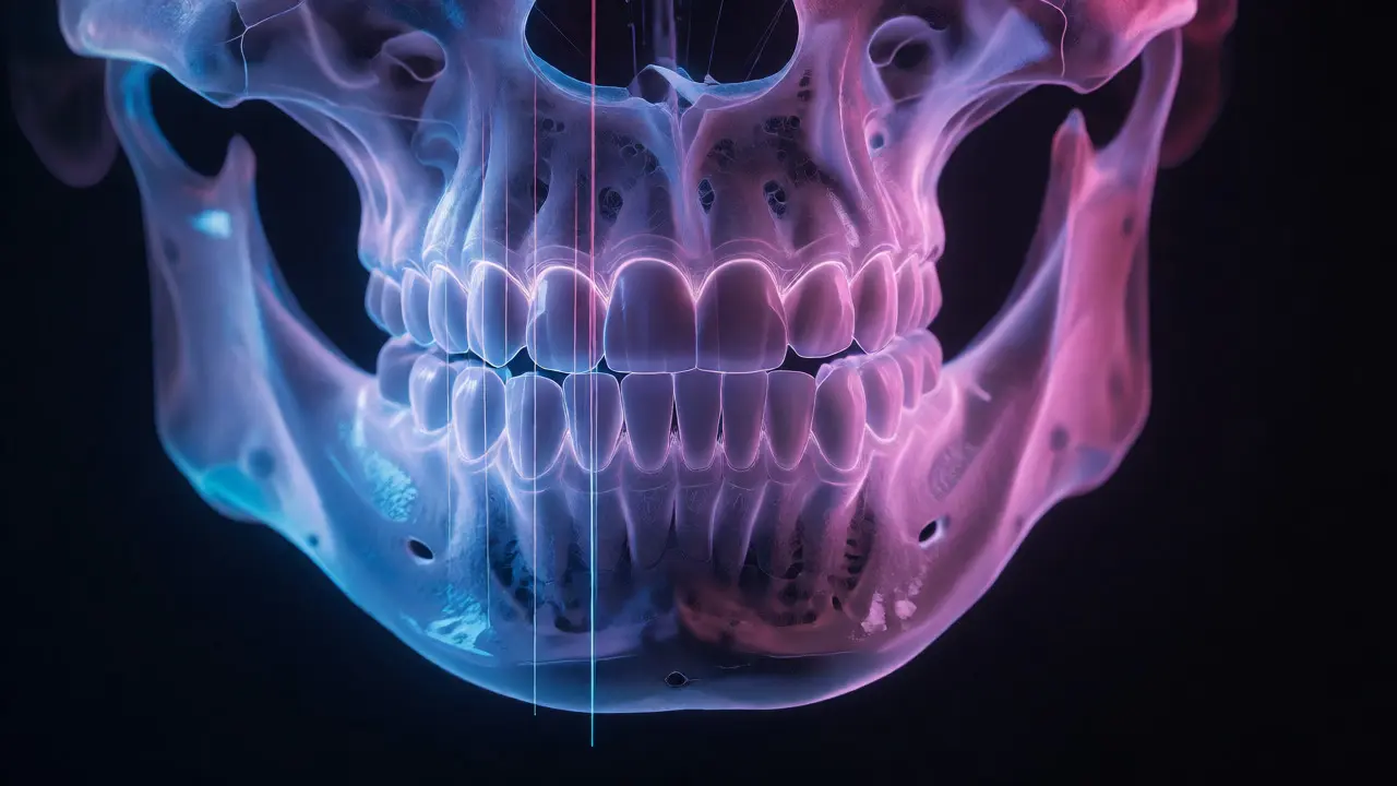 Holografický 3D model zubů se skenovacími paprsky.