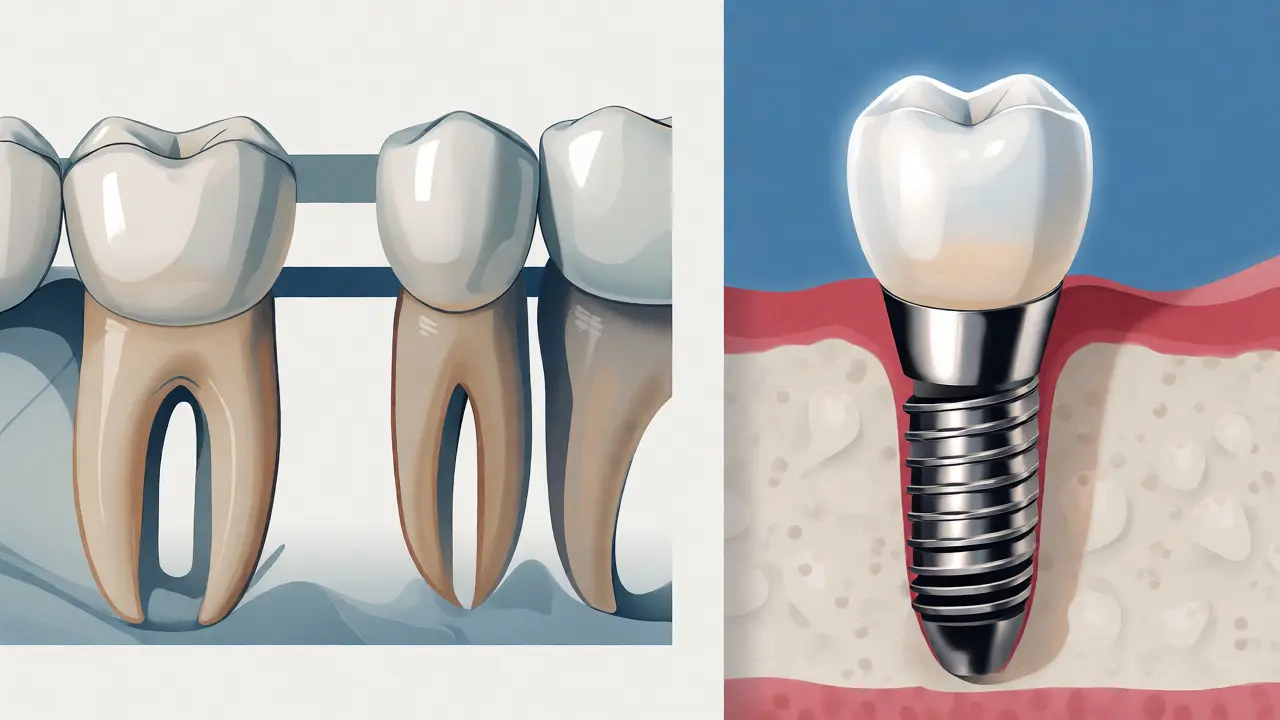 Konceptuální porovnání nestability mezery v zubech a pevného zubního implantátu.