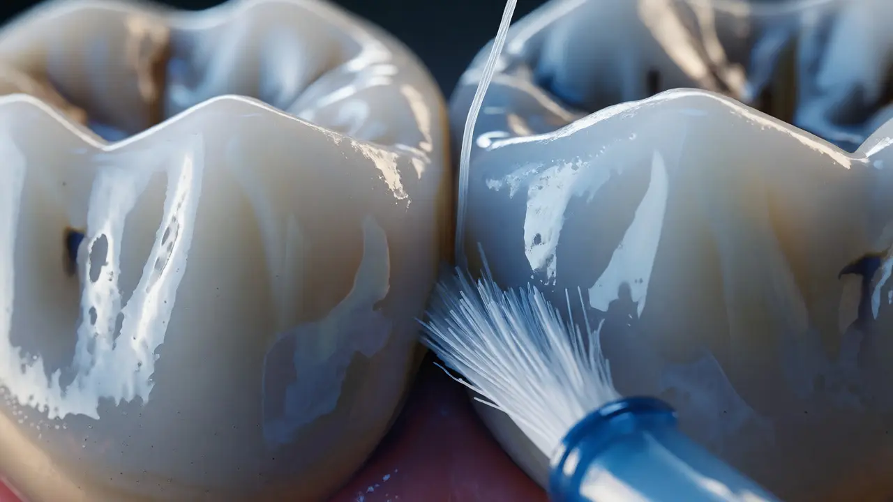 Makro záběr na čištění mezizubních prostor pomocí dentální nitě nebo kartáčku.