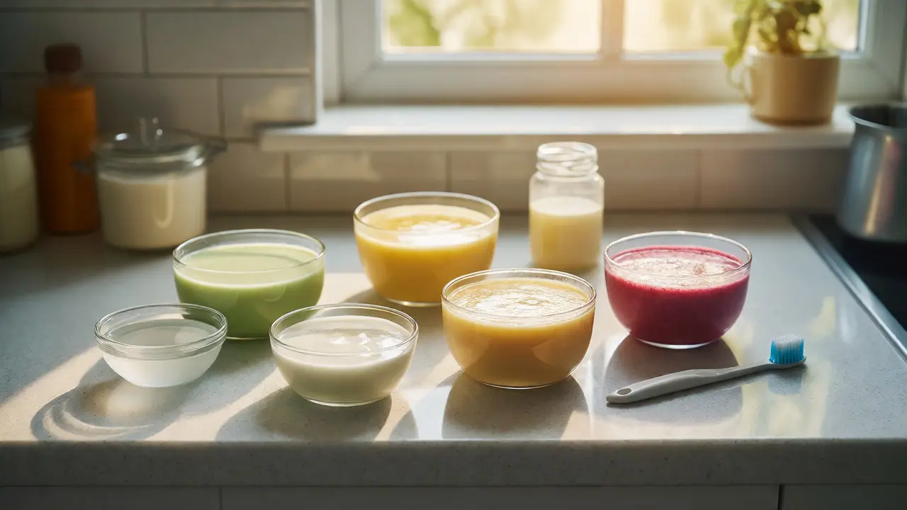 Miska s rozmixovanou polévkou a měkkým kartáčkem pro hygienu úst