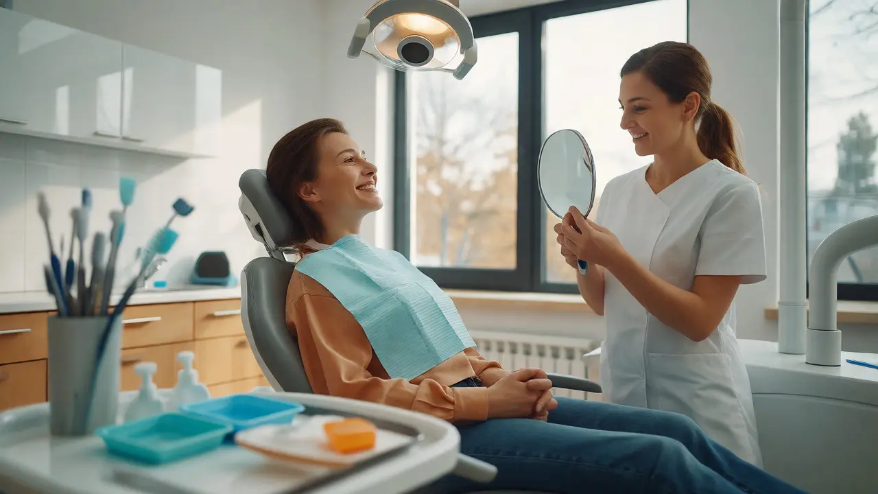 Spokojená pacientka se usmívá po dokončení dentální hygieny v moderní ordinaci.