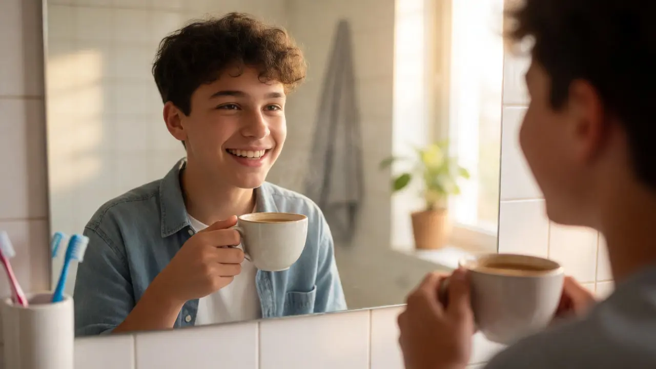 Teenager si sundává snímací rovnátka před pitím kávy