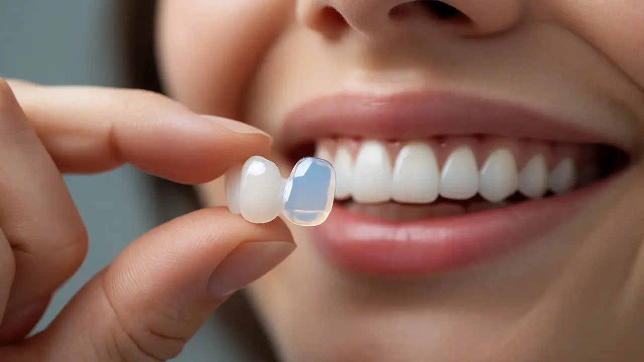 Close-up of a composite veneer sample held near a smiling patient