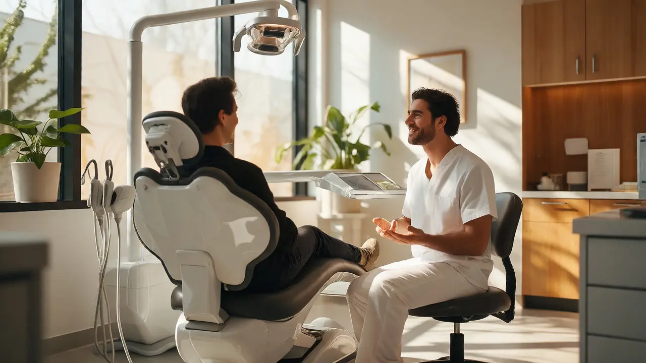 Dentist calmly discussing treatment with a seated patient in a bright office