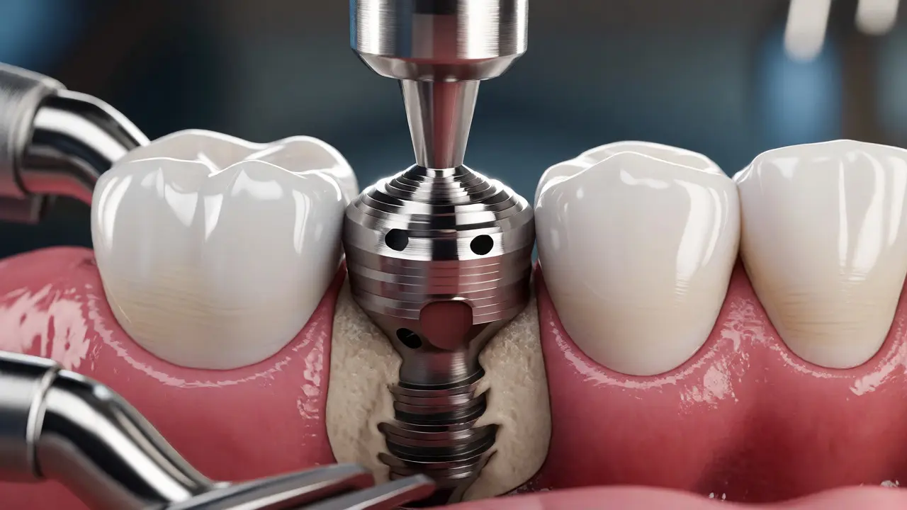 Detailní pohled na zavádění titanového zubního implantátu do kosti